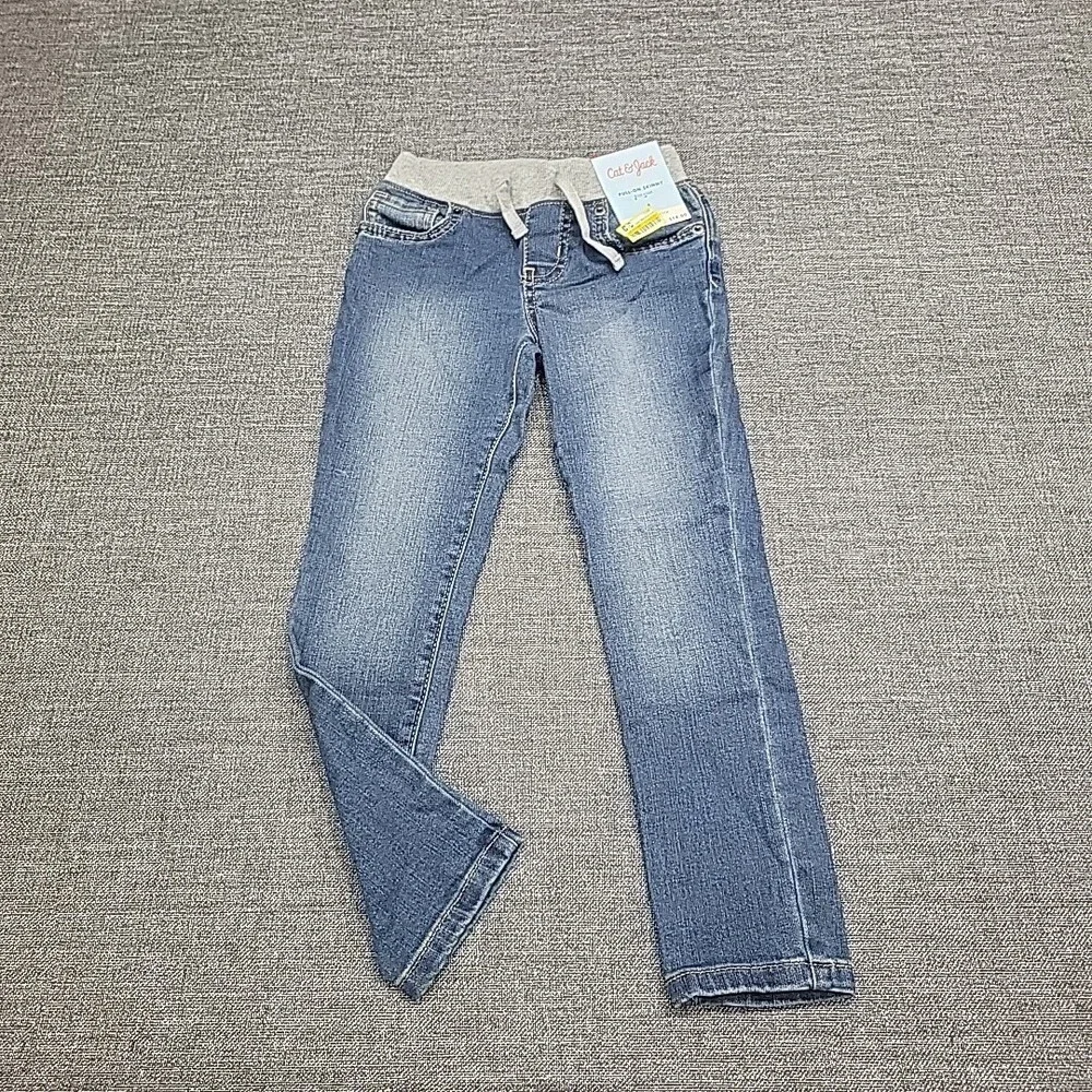 Girls Mid Rise Knit Waist Pull On Skinny Jeans - Cat & Jack Medium Wash Size 4